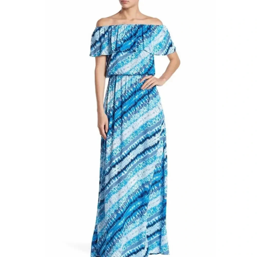 NEW The Vanity Room Women's Small Blue Ruffle Off the Shoulder Maxi Dress v6x